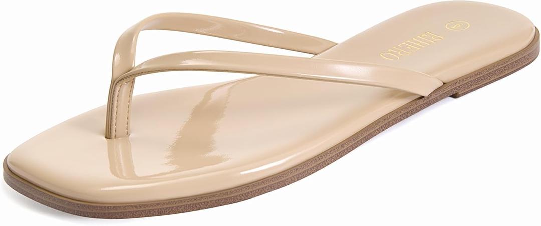 Rihero Flip Flops for Women Comfortable Square Toe Beach Sandals Slip On Leather Thong Flat Sandals Dressy Size 8.5
