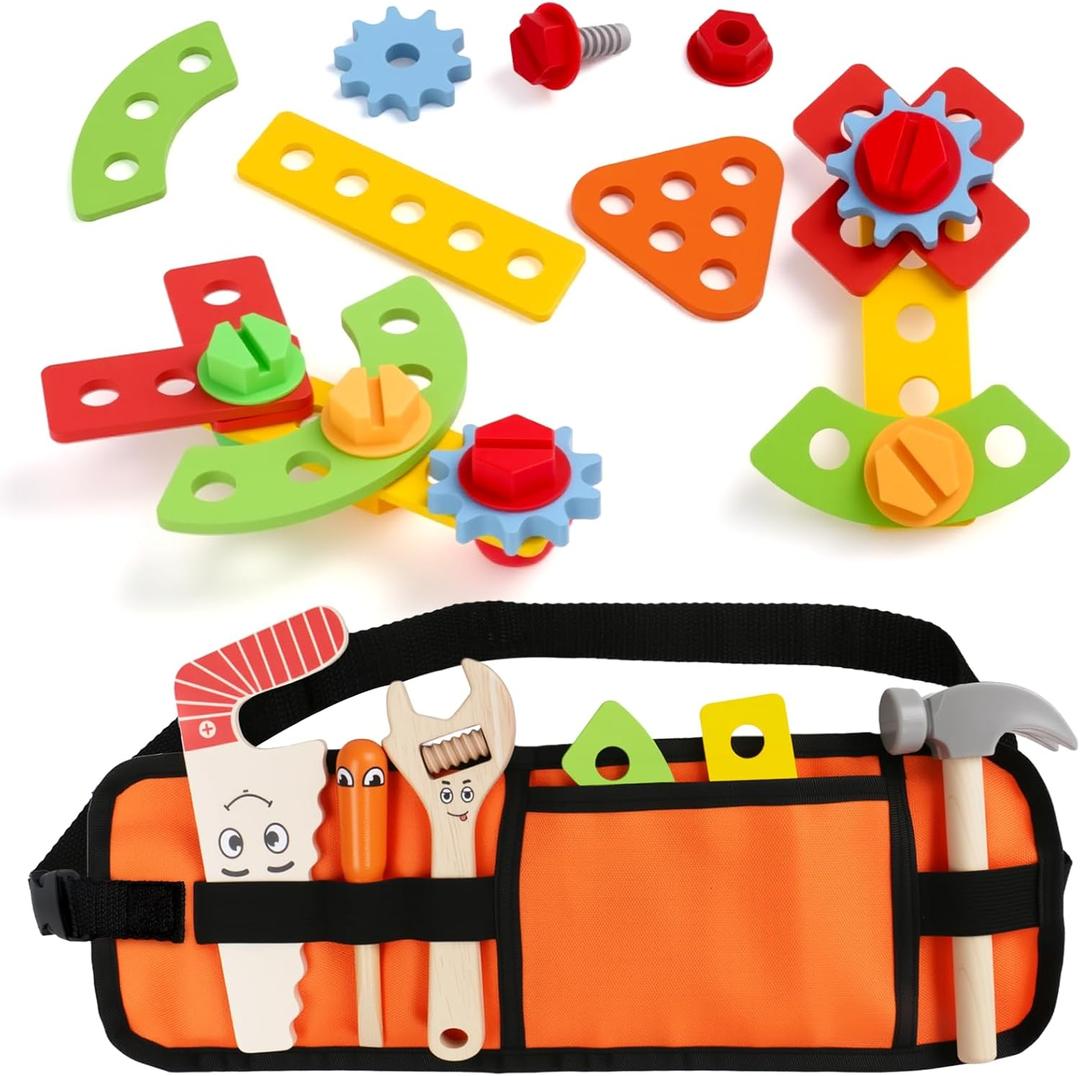 Kids Tool Set with Tool Belt - 20 Pcs Wooden Montessori Educational STEM Toys for 2 3 Year Old Boys Girls Birthday Gift Toddler Pretend Play Early Construction Kit