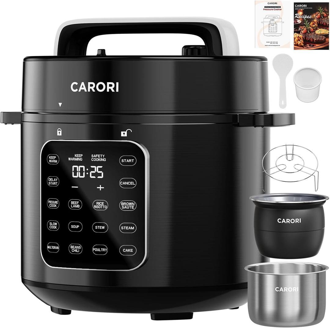 6Qt 9-in-1 Electric Pressure Cooker, Dual Inner Pots, Stainless Steel Pot and Non-Stick Pot, 12 Preset Cooking Programs with IMD Touchscreen, Safe Vent, Slow Cook, Rice Cook, Steam, Black