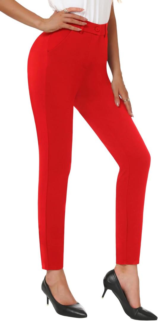 iChosy Women's High Waist Skinny Comfy Stretchy Work Pants with Pockets (Red)