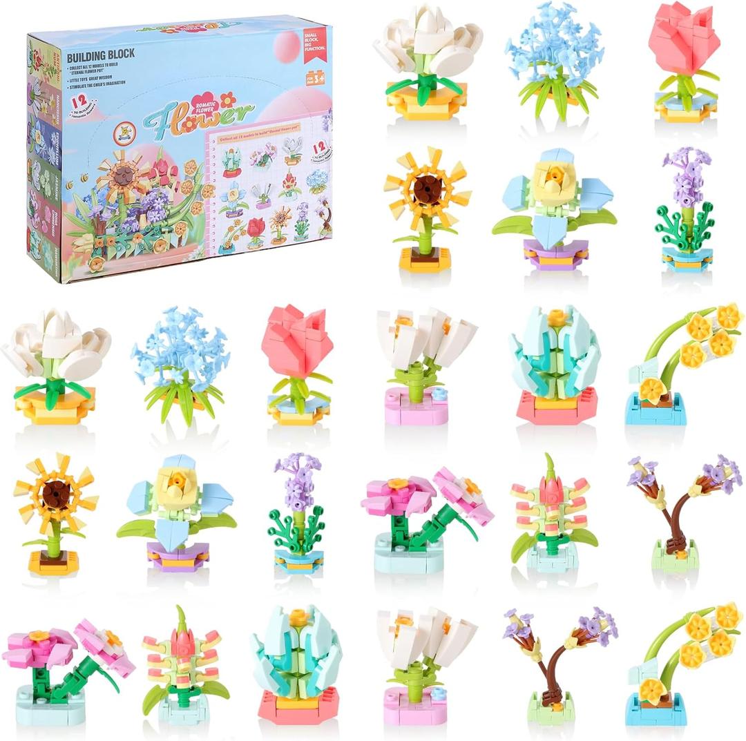 FODAHRWS 24 Pack Flowers Building Sets, 980PCs Tiny Plants Mini Flowers Building Blocks Toy for Home or Office Decor, Mother's Day Valentine Christmas Birthday Gifts for Boys Girls 3+