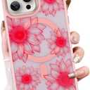 OOK Pink Case Design for iPhone 16 Pro Case [Compatible with MagSafe], Cute Sunflower Floral Blooms Design Frosted Shockproof for Women Girls Magnetic Phone Cover - Pink Flower