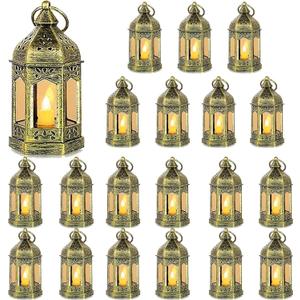 Mini Lantern with Flickering LED Candles Set of 20, Hewory Gold Vintage Decorative Hanging Candle Lanterns for Halloween, Christmas, Wedding Decorations, Party, Table Centerpiece, Battery Included