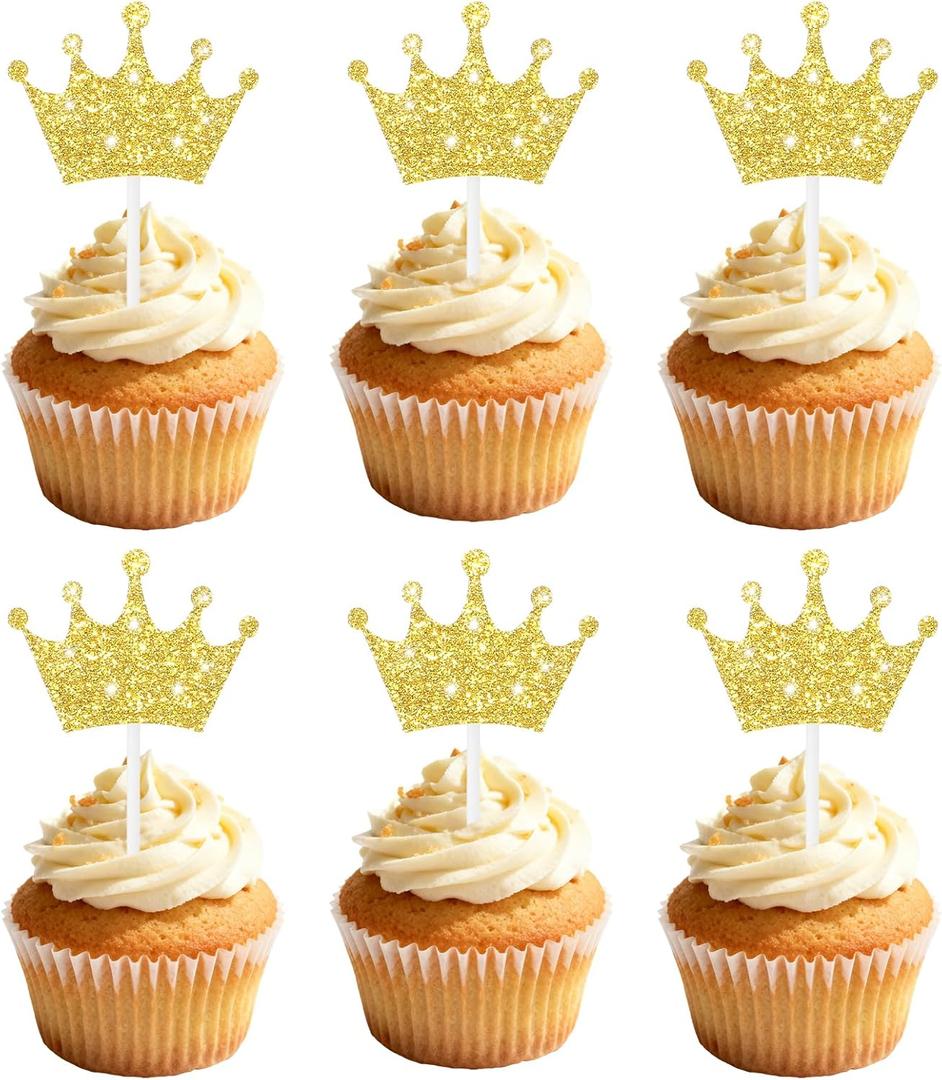 30Pcs Crown Cupcake Toppers, Glittery Queen Crown Cake Picks Birthday Princess Theme Cake Decorations for Baby Shower, Birthday Party, Wedding Decorations Supplies (Gold)