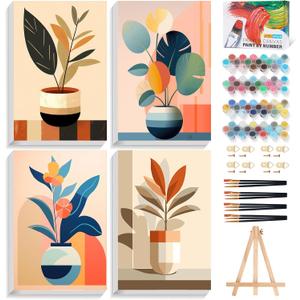 4 Pack Framed Paint by Numbers Kit for Adults with Wooden Easel, 8x12 Inch