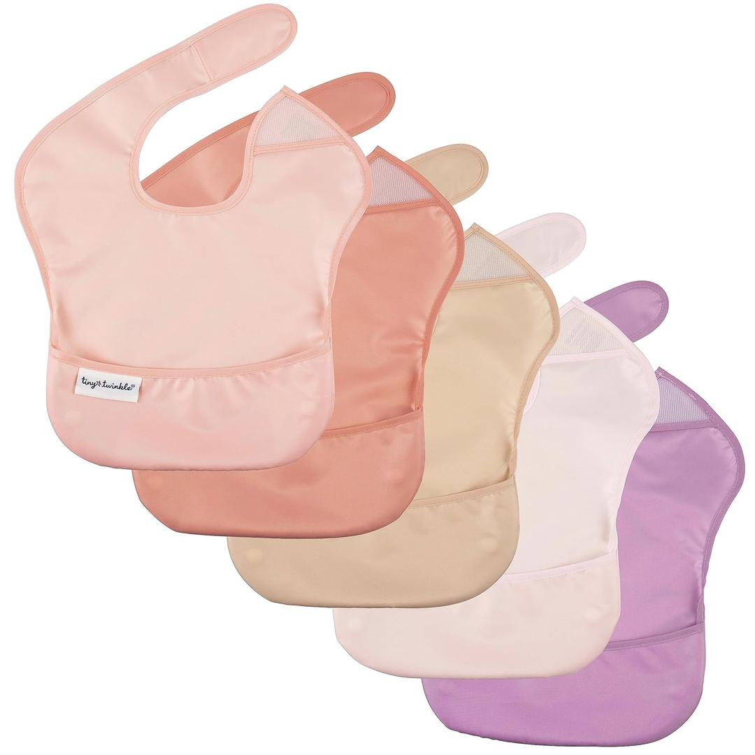 Tiny Twinkle Mess Proof Baby Bibs for Eating  Waterproof, Wipeable Toddler Bibs with Pocket  Baby Food Bibs for Girls & Boys(5 Pack, Girl Spring)