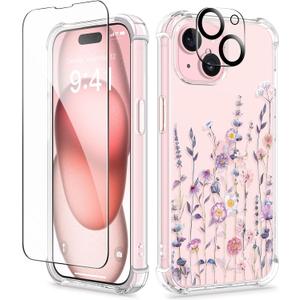 GVIEWIN for iPhone 15 Case, [3 in 1] with Screen Protector & Camera Lens Protector, Clear Soft Shockproof Slim Fit Floral Phone Cover for Women Girls 2023 6.1" (Floratopia/Colorful)