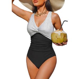 Holipick Women Tummy Control One Piece Swimsuit - Push Up Bathing Suit Full Coverage Slimming Swimwear (Medium, Black Striped)