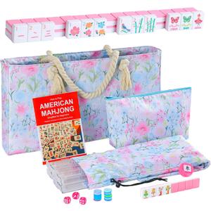 2026 American Mahjong Set Complete with Blue Carrying Bag, 160 Pink Cute Mahjong Tiles, 4 All-in-One Transparent Mahjong Racks with Pushers, Majiang Tile Set
