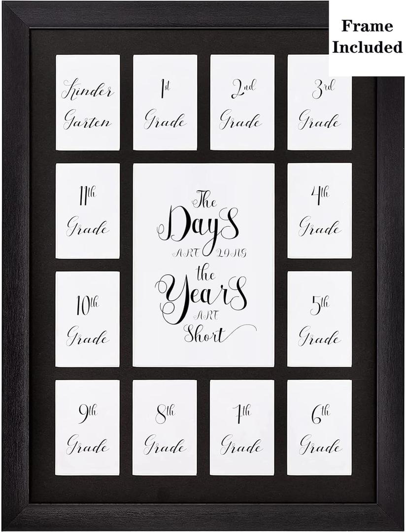 School Year Picture Frame K-12 Collage Photo Graduation Black Solid Wood Frames for Wall Hanging and Table Top Display 13 Openings White k-12 Kindergarten to 12th Grade High