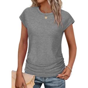 SAMPEEL Womens Summer Tops Trendy 2025 Ruched Cap Short Sleeve Tshirts Shirts Crew Neck T Shirts Fashion (Gray, S)