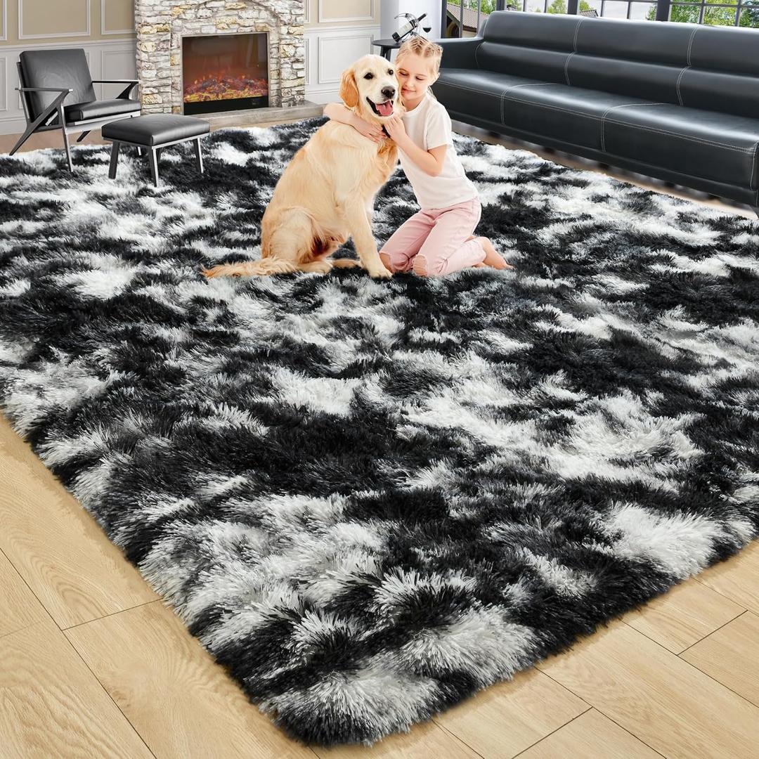 Noahas Large Fluffy 8x10 Area Rugs for Living Room Bedroom,Tie-Dyed Black and White Thick Shag Throw Rug,Big Soft Shaggy Bedside Non-Slip Plush Dorm Nursery Kids Carpet