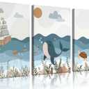 3Pcs Nautical Nursery Canvas Wall Art Blue Beach Animal Wall Decor Pictures Ocean Kids Room Sea Whale Prints for Baby Boys Girl Children's Room Bedroom Decoration, 16x24 Inch