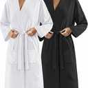 Ficerd 2 Pack Women's Waffle Knit Robes, Soft Lightweight Full-Length Kimono Bathrobes Unisex Loungewear with Side Pockets (White, Black)