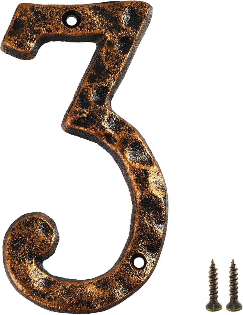 5.5 Inch Cast Iron House Numbers - Hammered Finish Mailbox Numbers - Metal Address Plaque Numerals - Weatherproof, Easy to Install, Soild Home Decor/Number 3