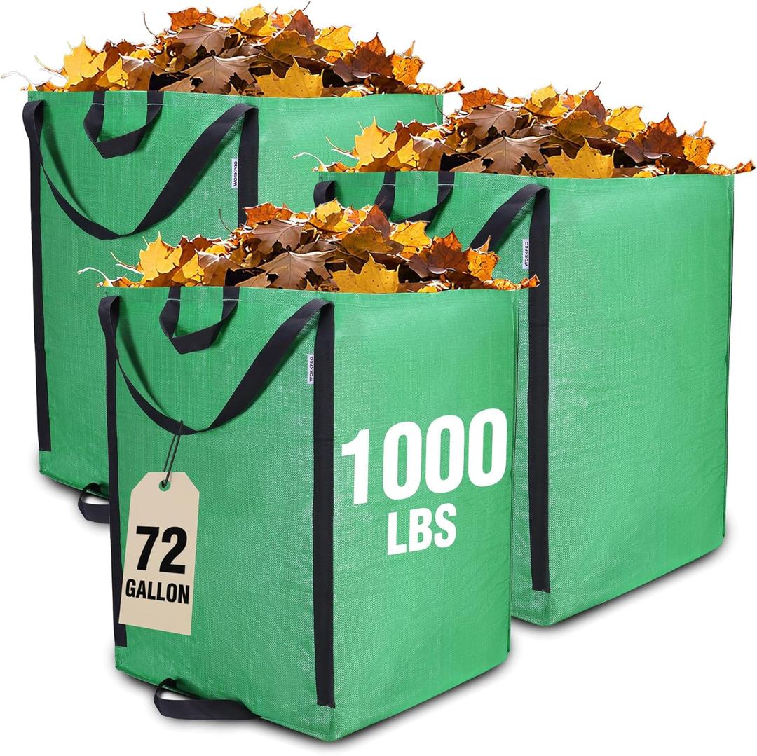 WORKPRO Heavy Duty 72-Gallon Reusable Yard Waste Bags, 3 Pack Self-standing Leaf and Lawn Bags with Reinforced Handles, Garden Waste Bags for Debris, Leaves, Grass, and Outdoor Recycling, Green