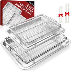 Air Fryer Basket for Oven, 2 Set Oven Air Fryer Basket and Tray with 60 PCS Parchment Papers, DEGOVIN Crisper Tray Non-stick Stainless Steel Air Fry Pans for Convection Oven(15.8"  11" & 13"  9.7")