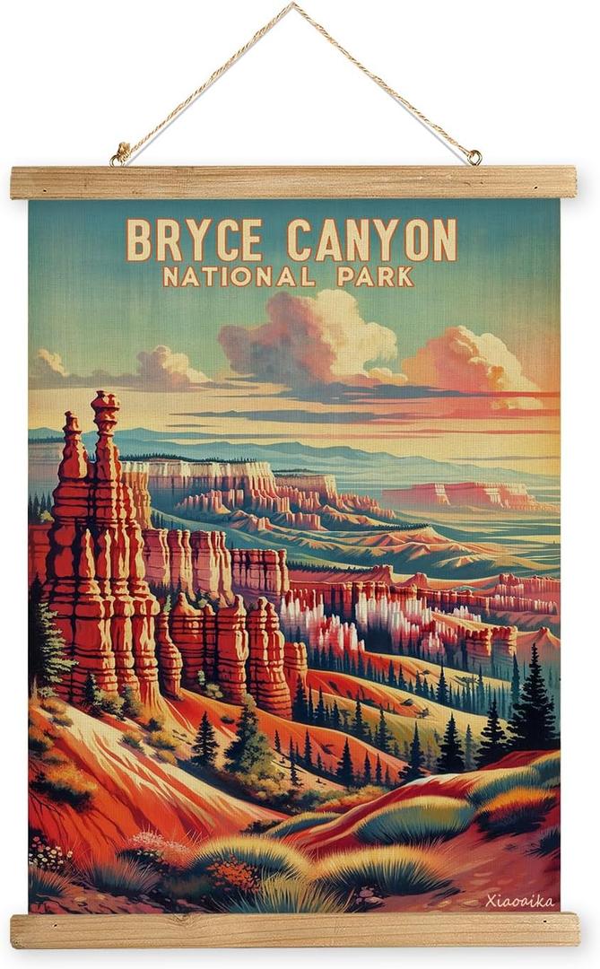 XIAOAIKA Vintage Bryce Canyon National Park Travel Poster with Wooden Scroll Frame  Holiday Decoration or Gift for Living Room, Bedroom, Office Wall Decor, Retro Art Print 20 x 30 Inches
