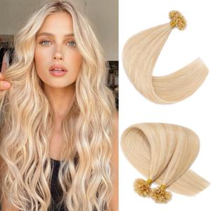 Real Human Hair Pre Bonded U Tip Hair Extensions, 16 Inch 100 Strands 50g #18P613 - Highlight Ash Blonde and Bleach Blonde, Hot Fusion Installation