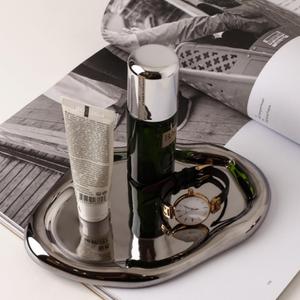 Silver Tray Decorative Vanity Tray Bathroom Tray Jewelry Dish Ceramic Silver Round Plate Holder Makeup Tray Home Organizers Irregular Storage Plate Bathroom Organizer(Long) (7.5" x 7.5" x 0.8")