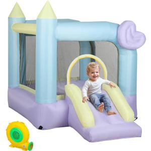 Qaba Bounce House, Inflatable Bouncer with Air Blower, Outdoor & Indoor Bouncy Castle with Slide, Stakes, Repair Patches, Storage Bag, for Kids Ages 3-8, 98" x 65" x 79"