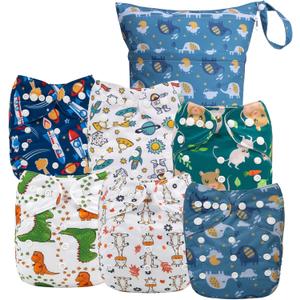 ALVABABY 6pcs Cloth Diaper Covers &1 Wet Dry Bag, Washable Reusable Cloth Nappy Shell for Prefold with Multi-Functional Bag, Flat or Fitted Diaper Inserts 6NKZ06 (Boy Color 02)