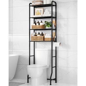 Kitsure Over Toilet Storage Rack - Metal Over Toilet Bathroom Organizer Shelf, Over the Toilet Storage Cabinet with Paper Holder and Hooks, Bathroom Cabinet for Laundry, Black, 4 Tiers (74.2" H)