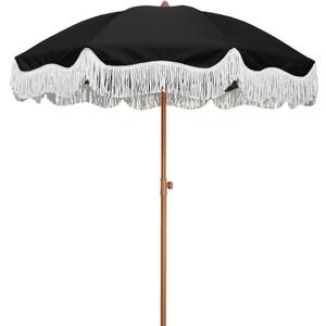 AMMSUN Boho Fringe Umbrella Outdoor Patio, 6.5ft UPF50+ Picnic Umbrella with Tassels with Steel Pole and Push Button Tilt, Noble Black