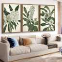 Large Framed Canvas Wall Art - Natural Float Framed White Flowers Green Leaves Pictures Decor Simple Botanical Plants Artwork for Living Room Bedroom Kitchen Home Office Decoration 60" X 28" Set of 3, 20" X 28" X 3pieces Framed