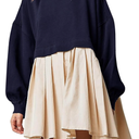 Dokuritu Sweatshirt Dress Women Crew Neck Long Sleeve Patchwork Pullover Tops Flowy Oversized Sweatshirt Mini Dress, XS