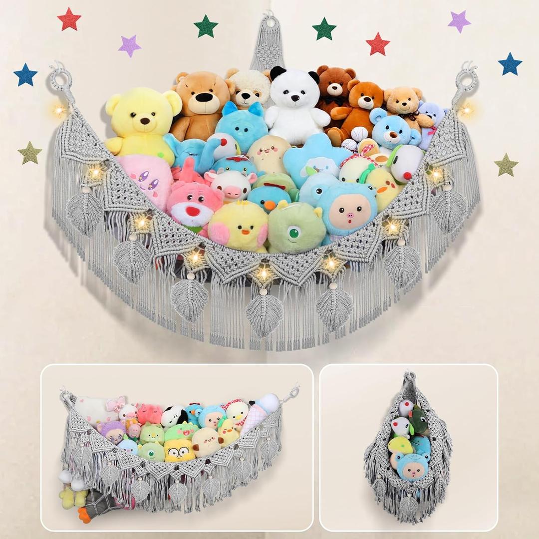 Stuffed Animal Hammock Corner - 56'' Jumbo Handcrafted 5mm Double Macrame Cord Toy Hammock Holder - 100% Natural Cotton Stuffed Animal Storage Net - Gray Stuffy Plushie Net w/LED Star Light (XX-Large Leaf Style)