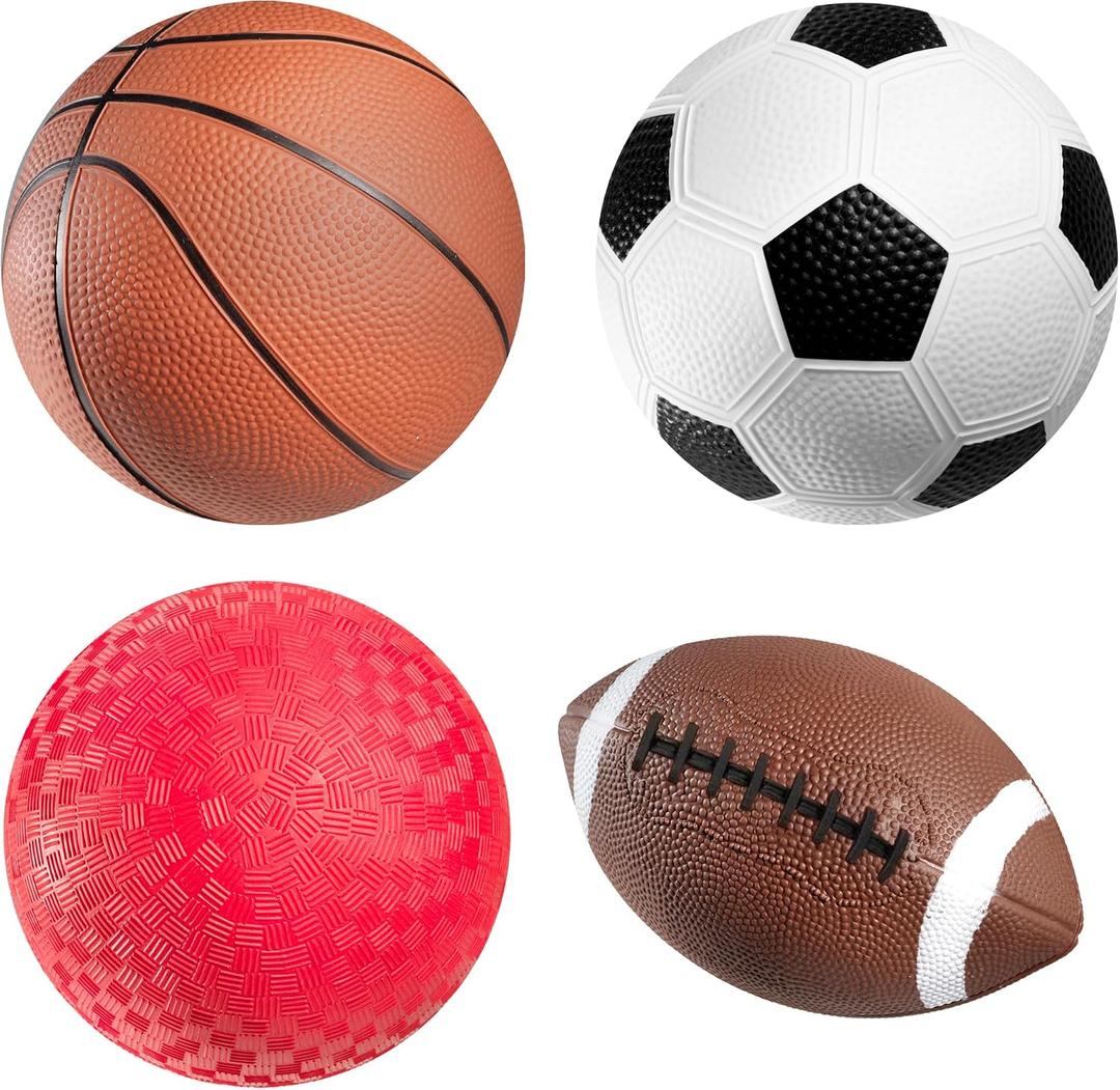 Sports Balls for Kids & Toddlers - (Pack of 4) 5-inch Sports Set Includes Football, Small Size Soccer, Basketball, and Playground Balls, Fun Indoors & Outdoor Toys (Hand Pump Included)