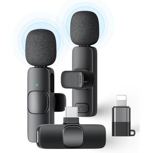 2 Pack Wireless Lavalier Microphone for iPhone iPad and Android Phone, Lapel Mic Plug and Play Wireless Mic Noise Reduction Mini Microphone for Video Recording Interview Podcast Vlog YouTube Tiktok (Without Case, Black)