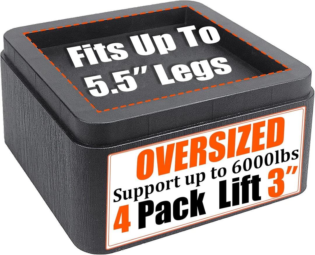 4-Pack Bed Risers 3 Inch, Oversized Fit Up to 5.5" Legs, Heavy Duty Support 6000lbs, Stackable 6/9 inch Bed Raising Blocks Furniture Sturdy Bed Lifts for College Dorm Rooms, Couches, Tables, Desks (Black)