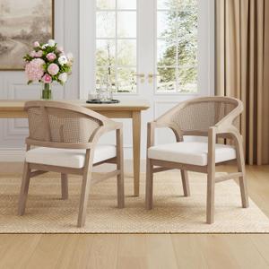Christopher Knight Home Faritel Modern Wooden Dining Chairs Set of 2, Fabric Upholstered Kitchen Side Armchairs, Living Room Comfy Reading Chair with Curved Rattan Back, Light Ash+Beige