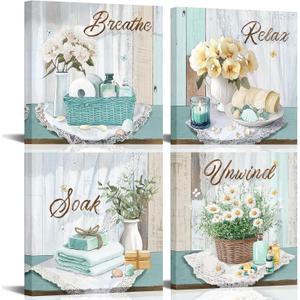 xiysien Bathroom Wall Art Relax Soak Unwind Breathe Wall Decor Rustic Farmhouse Bathroom Quotes Canvas Prints Framed Decor for Bathroom 12''x12''x4PCS (Green)