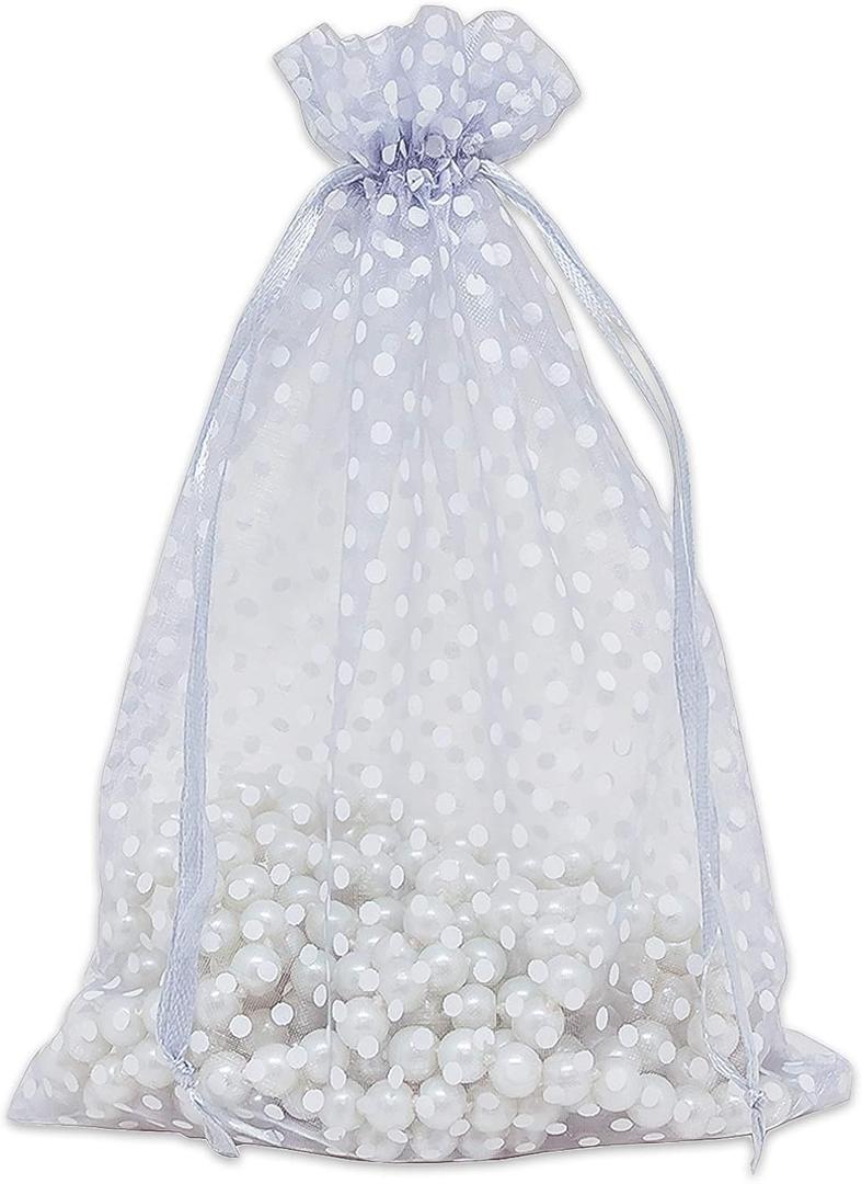 100-Pack 6x8 in Sheer Organza Gift Bags with Drawstring (Large) - Polka Dot (Silver/White) - for Wedding Party Favors, Treats Mesh Pouch by The Display Guys
