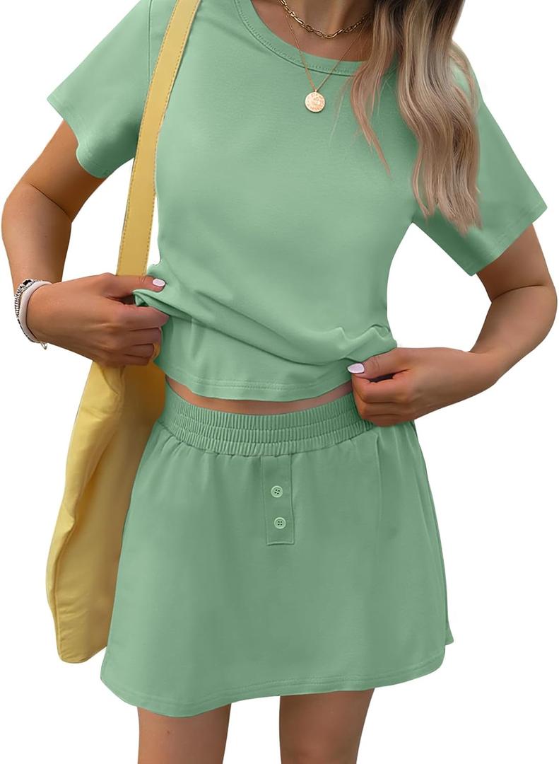 TCOT Pajamas for Women Set Summer Fashion Short Sleeve Crewneck Tops with Skirt Sets Pajama Casual Loungewear (Small, A Sage Green)