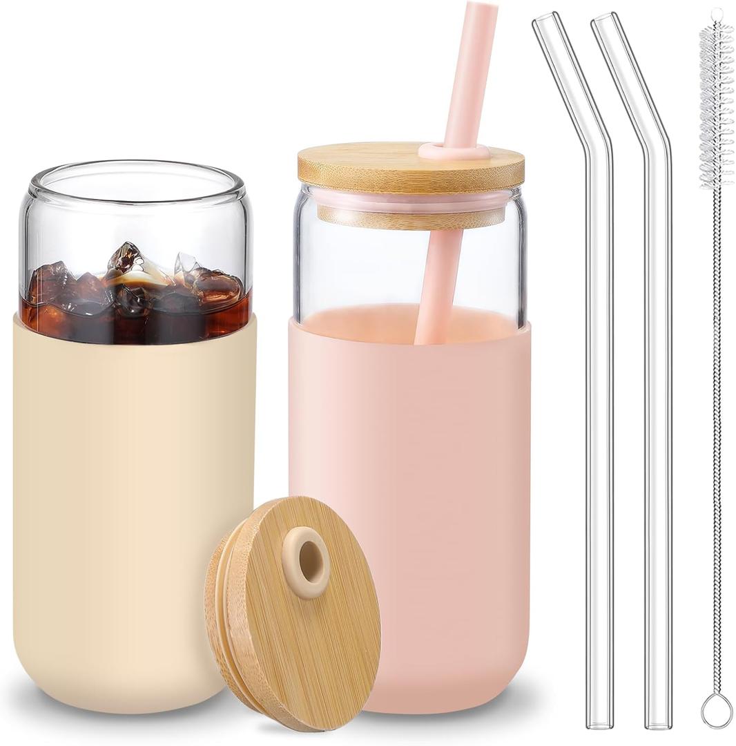VITEVER 20 OZ Glass Cups with Bamboo Lids and Straws - Beer Can Drinking Glasses with Silicone Protective Sleeve Set, Iced Coffee Glasses, Cute Tumbler Cup for Water, Tea, Gift - Pink, Amber