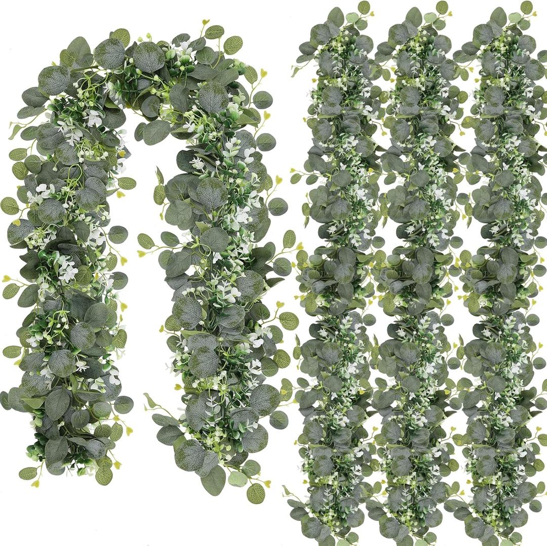 N&T NIETING 4 Pack Artificial Eucalyptus Leaf Garland, 6 FT Faux Greenery Summer Decor, Fake Hanging Vines for Decoration Table Mantle