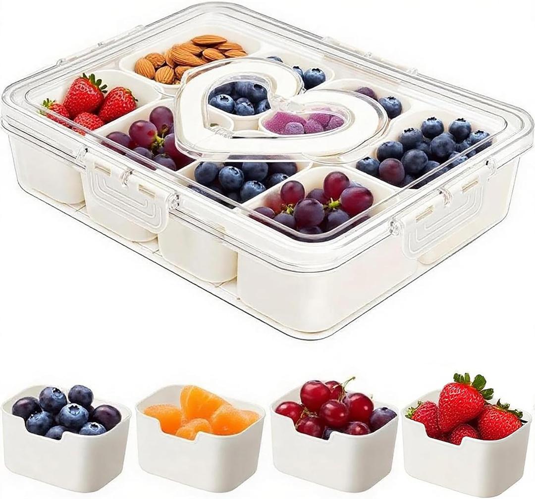Snackle Box Container,8 Snack Bowls Portable Serving Tray Snack Box with Lid and Handle,Snack Containers Snackle Box Ideal for Veggies, Fruit, Candy, Party, Nuts, Essentials (1Pack-Snack Bowls-Cream)