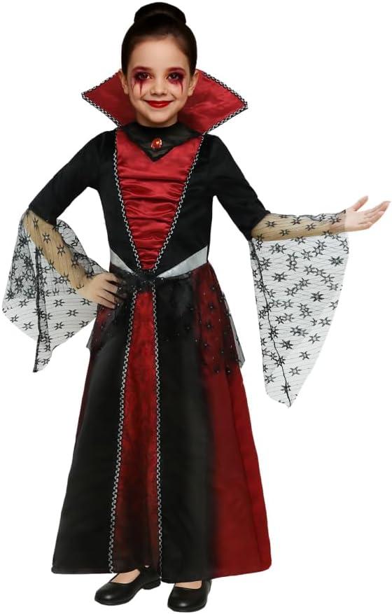 Girls Vampire Costume - Kids Black & Red Gothic Dress with High Collar for Halloween & Dress-Up (S)