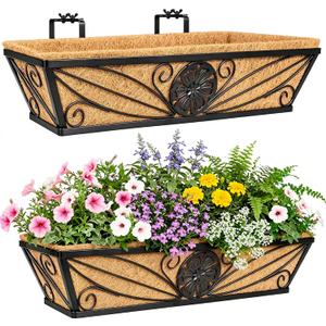 2 Pack 24 Inch Railing Planter Boxes with Coco Liner, Floral Scroll Metal Window Box Planters for Outdoor Plants, Black Hanging Window Baskets for Garden, Patio, Balcony Railing Decor