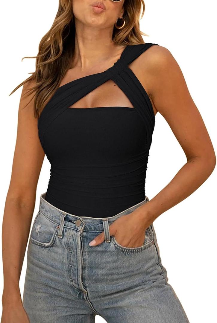 REORIA Womens Sexy One Shoulder Asymmetrical Tank Top Leopard Print Mesh Ruched Sleeveless Backless Trendy Going Out Thong Bodysuits Tops Black Small