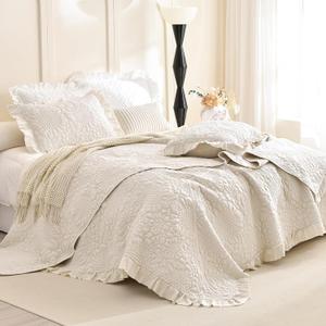 Masaca Oversized King Quilt(118"x106"),3 Pieces Wheat Ruffled California King Bedspread Lightweight Crinkled Farmhouse Shabby Boho Chic Reversible Stone-Washed Microfiber Bedding Set Extra Soft