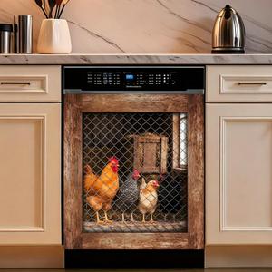 Chicken Coop Dishwasher Magnet Cover 23 x 26 Inch, Farmhouse Rooster & Hens Magnetic Dishwasher Door Cover, Rustic Barnyard Chicken Wire Appliance Front Panel Decor for Kitchen (Reddish Brown)