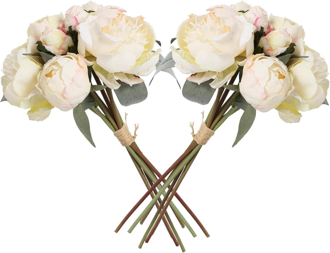 White Peonies Artificial Flowers 2 Bundles Fake Silk Flowers Bouquets Vintage Faux Peonies Flowers for Vase Home Wedding Table Centerpiece Decorations Party Bridal Floral Arrangements (White)