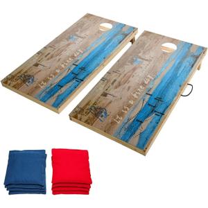 Solid Wood Premium Cornhole Game Set, Bean Bag Toss Game for Tailgate, Outdoor, Backyard - Professional Portable Cornhole Boards & Set of 8 Cornhole Bean Bags (Junior, Tailgate, Regulation Size) (Beach Printed: 2 x 4 FT)