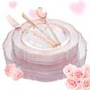 Liacere 150PCS Rose Gold Plastic Plates - Clear Rose Gold Disposable Plates with Glitter Bamboo Handle Cutlery - 60 Baroque Elegant Plates, 30 Forks, 30 Spoons, 30 Knives for Wedding Mothers Day