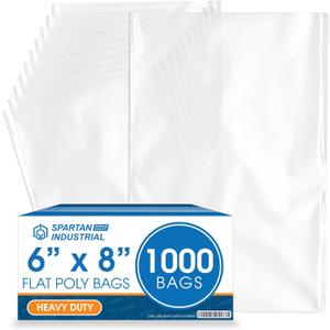 Spartan Industrial - 6" X 8" Open-End Flat Poly Bags (1000 Count) Heavy Duty 2 Mil Clear Plastic for Packaging Books, Pens, Collectibles (Bags Do Not Have Seal and Do Not Have Prints)